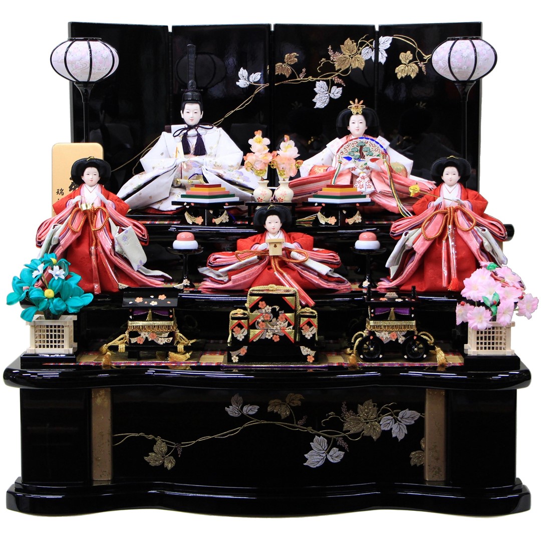雛人形 コンパクト 三段飾り ひな人形 五人飾り 組立式 三段三五五人黒
